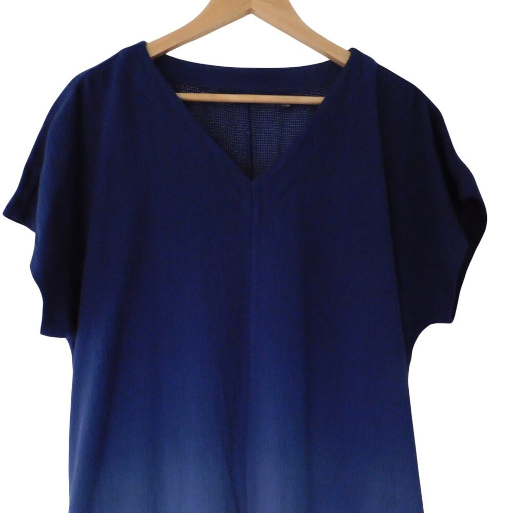 Lands' End Gauzy Cotton Ombre Maxi Dress Blue White Short Sleeves Pockets Large - Picture 2 of 6